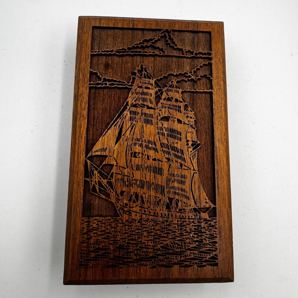 Lasercraft Vintage Solid Walnut Laser Engraved Nautical Sailing Ship Plaque 6.5"